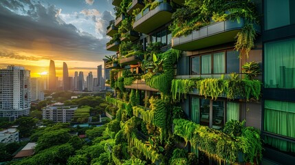 Fototapeta na wymiar a futuristic cityscape with buildings featuring greenery and sustainable design elements, sustainable future where nature and technology blend seamlessly, harmony between architecture and nature