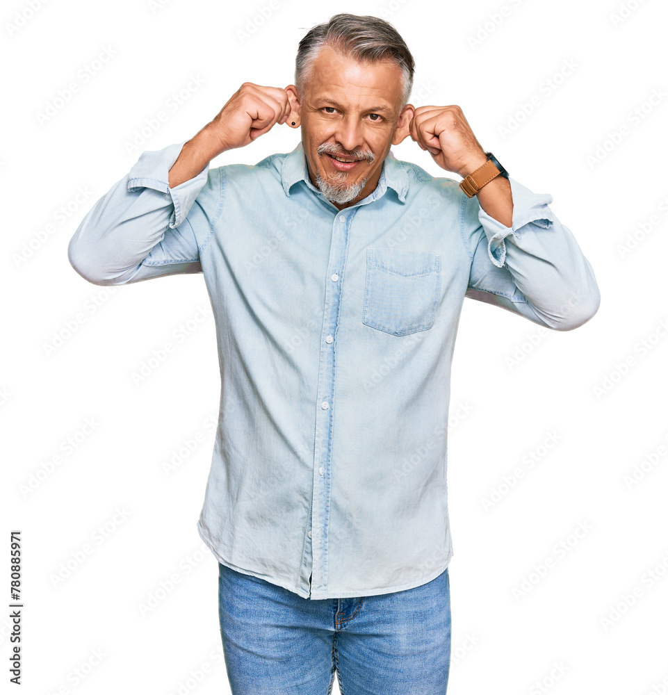 Sticker middle age grey-haired man wearing casual clothes smiling pulling ears with fingers, funny gesture. 