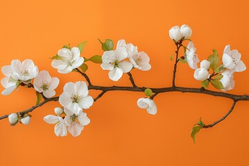 branch of a cherry tree during blossom, orange background