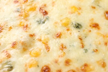 Obraz na płótnie Canvas Delicious cheese pizza as background, closeup view