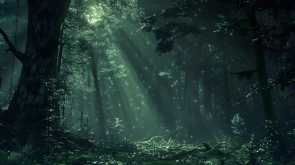 A moonlit night in a dense, dark forest, with beams of moonlight filtering through thick, ancient...