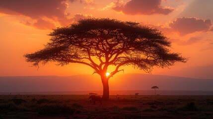Fototapeta premium Giraffe beside tree in field, sunset backdrop