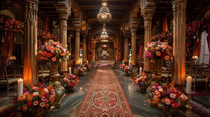 a traditional Indian setting, the wedding theme dazzles with its rich colors, intricate designs, and ornate decorations - Powered by Adobe