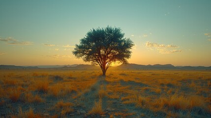   A solitary tree in a field, sun sinking behind, mountain range at distance
