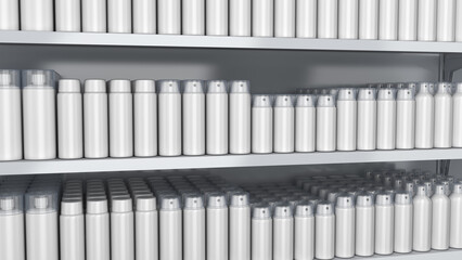 Retail shelves mockup with blank different aerosol cans close up. 3d illustration