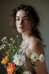 young scandinavian woman in her 20s in minimalist studio setting with natural window light and flowers for skincare no make up natural look with thoughtful expression for magazine editorial look