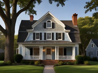 A Dutch colonial house with a gambrel roof, dormer windows, and a welcoming front porch, generative AI