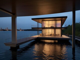 A floating house designed for waterfront living, with expansive decks and floor-to-ceiling windows, generative AI
