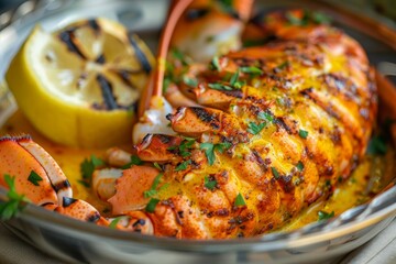 Barbecued lobster tail with saffron lemon sauce on metal tray - obrazy, fototapety, plakaty