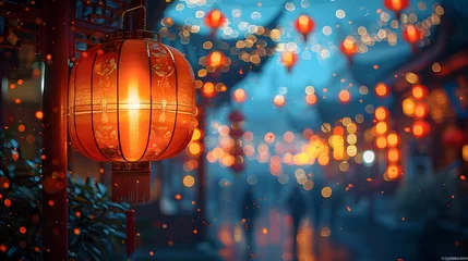 Fotobehang a traditional oriental lantern shines amidst a dreamy bokeh of lights, casting a spell of serenity and enchantment.  © RANA