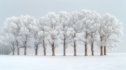   A group of trees blanketed in snow on a snowy day, with a clear blue sky peeking through in the distance and a pristine white sky ahead