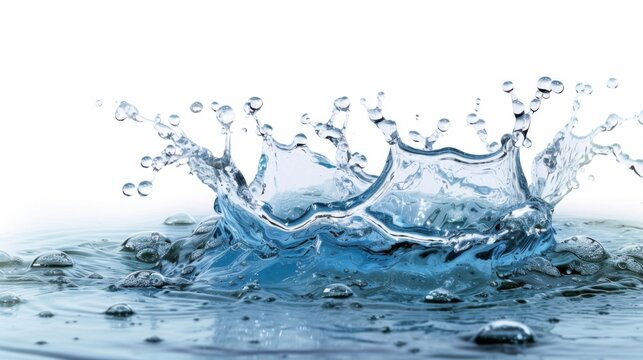 Water splashes elegantly against a pristine white background highlighting the fluid motion and grace. Concept: Capturing the artistry in natures elements.