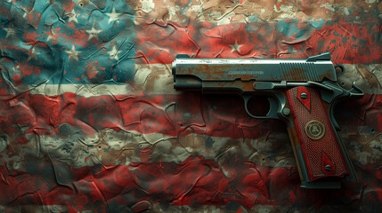 Colt Peacemaker. Us flag and gun concept independence day background. Judge gavel and gun on USA flag. Gun law concept,  Ai generated