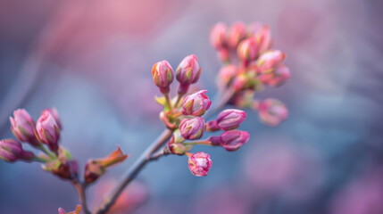 Close-up of cherry blossoms about to bloom in spring hues