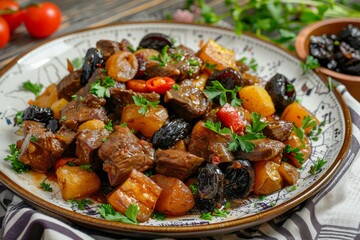 Beef stew with veggies and prunes on a plate horizontal - obrazy, fototapety, plakaty