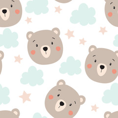 Seamless pattern with cute bear. Children background with bear, clouds and stars. Vector illustration. It can be used for wallpapers, wrapping, cards, patterns for clothing and others.