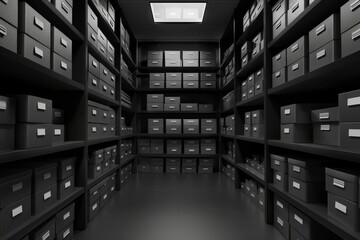 Black and white storage room with shelves boxes and evidence cabinet