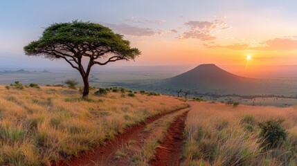 Fototapeta premium A dirt trail winds to a solitary tree in a sunset-lit field Behind, a mountain silhouetted against the setting sun