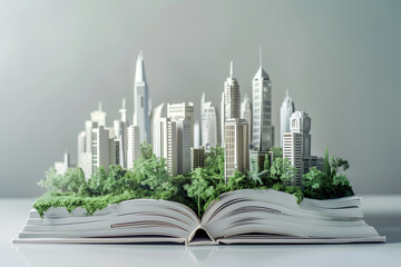a pop up book with paper buildings of a city on the middle of pages