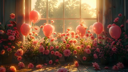 a captivating image of a bright room featuring a large window, dressed in festive balloons and fragrant flowers - obrazy, fototapety, plakaty