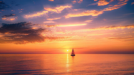 Beautiful sunset over lake superior with a sail boat.