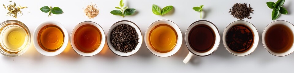 Different types of tea in white ceramic cups on white background, top view. white ceramic cups on white background, each with a different tea green, black, oolong, herbal, fruit, and milk. 