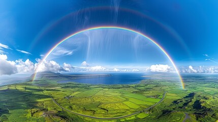   A birds-eye perspective of a rainbow arching over a expansive water body, encircled by a secondary rainbow within the frame
