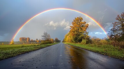   Two rainbows arch above a road; lush grass and trees line each side, while the road's center glistens wet