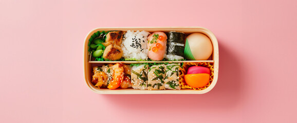 studio photo of a colourful bento box in japanese sushi lunchbox style with maki nigiri salmon food plating with vibrant pink pastel background nutritious healthy meal diet in magazine editorial style