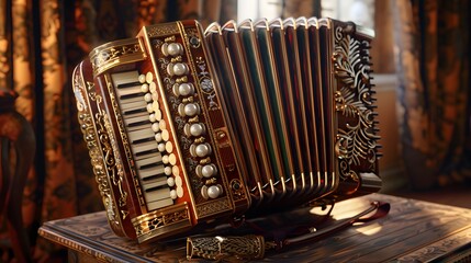 A photorealistic HD image of a luxury accordion with pearl inlays and golden trim, resting on an antique wooden table. The instrument's intricate details are sharply in focus - obrazy, fototapety, plakaty