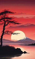Obraz premium Majestic Mount Fuji, Japans iconic peak, bathed in warm hues of breathtaking sunset. Tranquil beauty of scene is accentuated by blending colors of sky. For art, creative projects, fashion, magazines.
