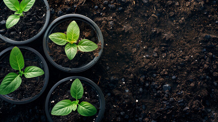 Seedlings in pots on fertile soil