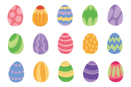 Happy Easter. Set of flat Easter eggs with different texture on white background. Spring holiday. Vector illustration. Happy Easter eggs