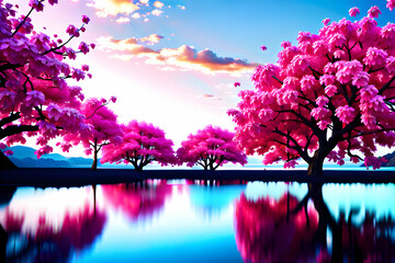 Lake with many cherry blossom trees. Generative AI