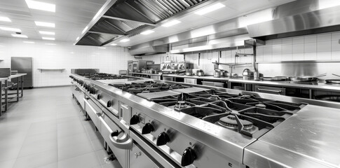 A clean and well-equipped commercial kitchen with stainless steel appliances and surfaces