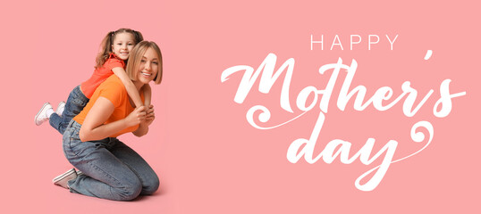 Little daughter hugging her mum on pink background. Mother's Day