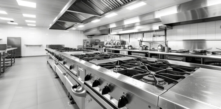 A clean and well-equipped commercial kitchen with stainless steel appliances and surfaces