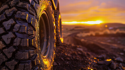 A close-up of a tire tread with the sunset's golden light highlighting its rugged texture