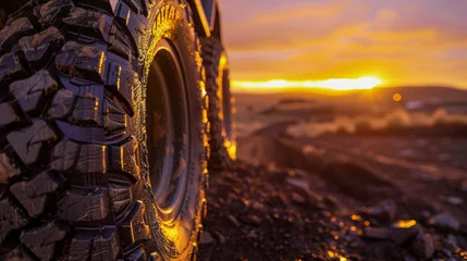 Fotobehang A close-up of a tire tread with the sunset's golden light highlighting its rugged texture © Radomir Jovanovic