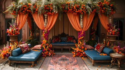 the Indian-style wedding theme enchants with its rich colors, luxurious fabrics, and elaborate decorations