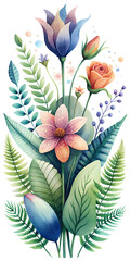 Fototapeta na wymiar A botanical-themed greeting card with watercolor illustrations of flowers, ferns, and botanical elements