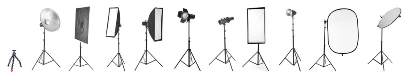 Set of professional equipment for photo studio on white background