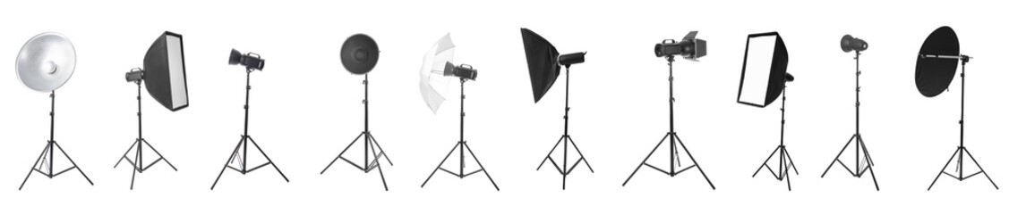 Set of professional equipment for photo studio on white background