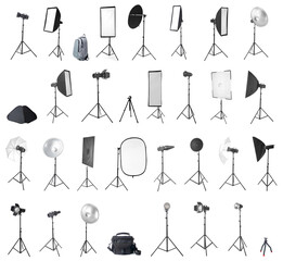 Group of professional equipment for photo studio on white background