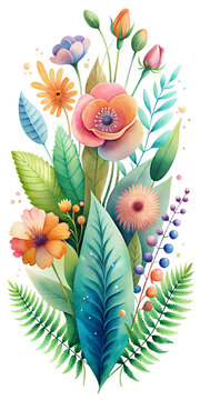 A botanical-themed greeting card with watercolor illustrations of flowers, ferns, and botanical elements