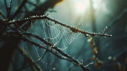 Dew-kissed spiderweb on spring morning - obrazy, fototapety, plakaty