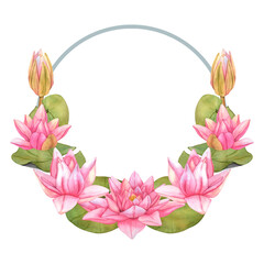 Wreath from Lotus Flowers. Hand drawn watercolor illustration of tropical pink waterlily and green leaves on isolated background Template for wedding floral invitation, card, cosmetic package