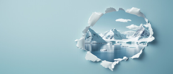 A serene arctic scene with towering snow-covered mountains and tranquil waters, revealing through a jagged paper tear