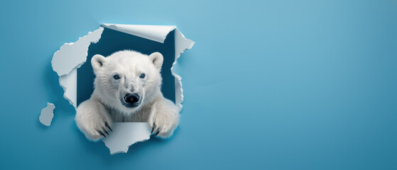 Looks of intrigue; a polar bear gazes out from ripped blue paper, sparking interest and thought