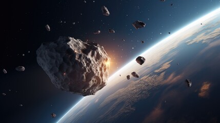 One big meteorite closeup view in space, Earth planet background. Asteroid near Earth